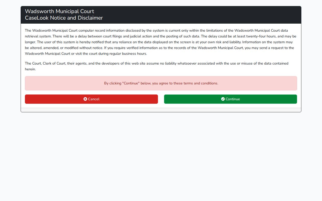 Wadsworth residents directory Municipal Court CaseLook source screen